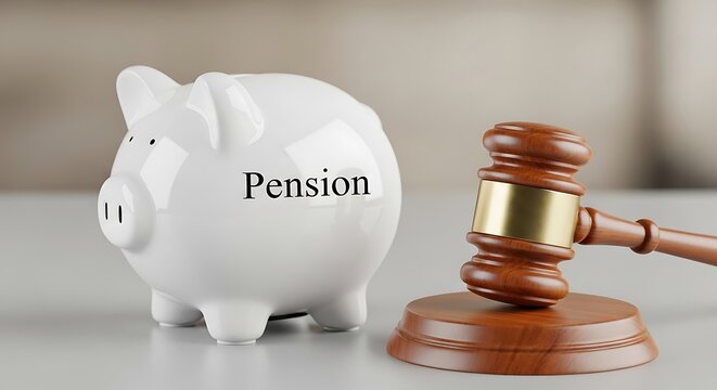 Pension piggy bank with judge gavel, legal retirement fund concept, divorce settlement and financial law, white ceramic bank on desk