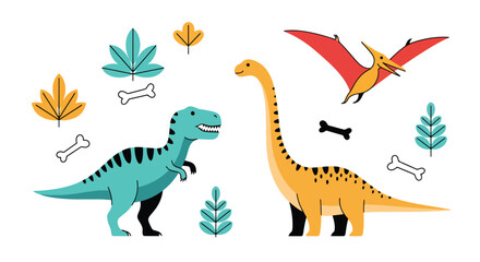 Flat style vector illustration of colorful dinosaur characters including t rex, stegosaurus and pterodactyl in playful poses, perfect for kids branding, education and creative design use © Amie