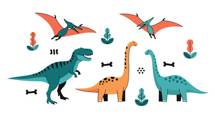 Flat style vector illustration of colorful dinosaur characters including t rex, stegosaurus and pterodactyl in playful poses, perfect for kids branding, education and creative design use © Amie