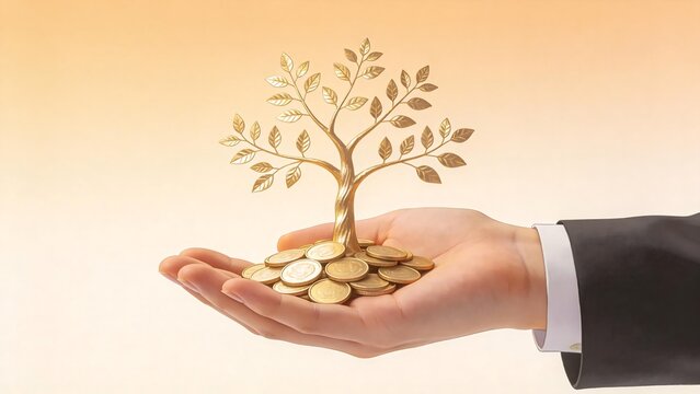 Hand holding golden tree with coins