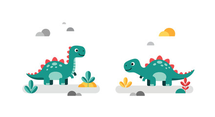 Obraz premium Flat style vector illustration of minimal dinosaur set with simple plants and stones, designed in soft colors and clean shapes for modern kids design and nursery themes
