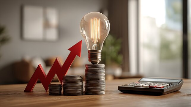 Rising electricity costs concept with glowing light bulb, stacked coins, calculator, and red growth arrow in warm brown and metallic tones