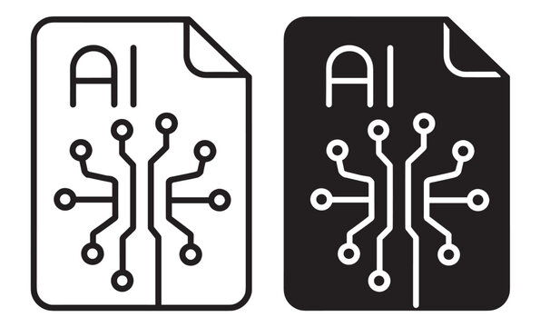 artificial intelligence document file line icons set, neural network circuit on paper, data processing technology vector outline collection on transparent background