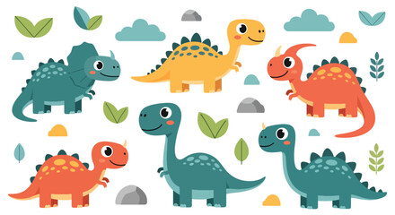 Flat style vector illustration of cute dinosaurs with big eyes and smiling faces in playful colors, ideal for kids branding, education materials and fun design projects © Amie