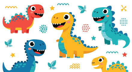 Flat style vector illustration of cute dinosaurs with big eyes and smiling faces in playful colors, ideal for kids branding, education materials and fun design projects © Amie