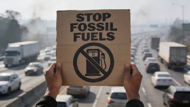 The environmental protesters held up cardboard signs with the message "Stop Using Fossil Fuels," emphasizing the need to reduce pollution and traffic.