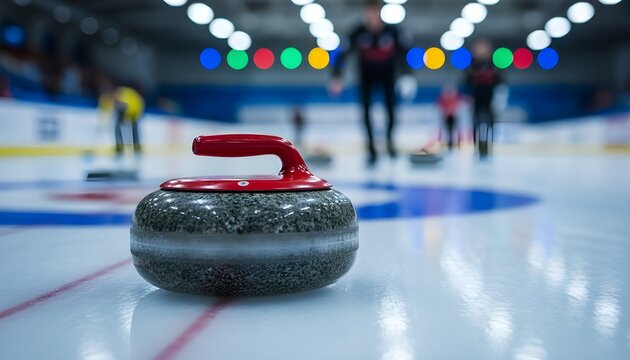 Close up of curling stone on ice with shallow depth of field and blurred background sports