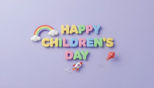 Playful Happy Children's Day Greeting with Rainbow and Rocket