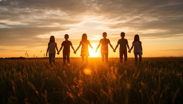 Children holding hands in a field during a beautiful sunset, symbolizing unity and friendship