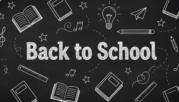 Back to School Chalkboard Illustration with Hand-Drawn School Supplies and Books