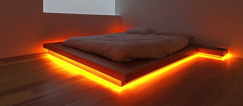Warm Orange LED Underlit Platform Bed in a Modern Minimalist Bedroom