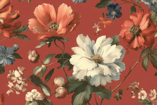 Seamless hand-painted botanical textile print in soft Morandi palette.