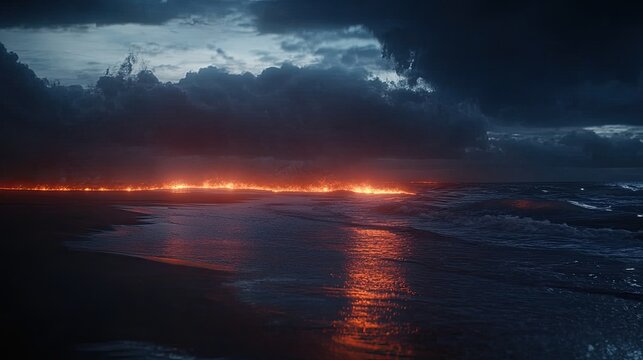 Where the Ocean Meets Fire: A Burning Horizon Under a Dark, Stormy Sky