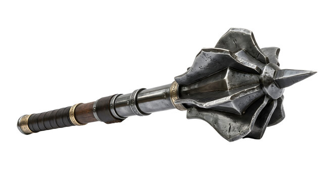 Antique silver mace weapon with a pointy end, metal medieval weapon, antique armament isolated on white or transparent background