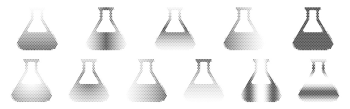 Flask Halftone Icon Collection &ndash; Flask Dotted Circles Halftones Geometric Dots Gradient &ndash; Dot Spray Gradient Vector Set &ndash; Flask Illustration Halftone Gradient