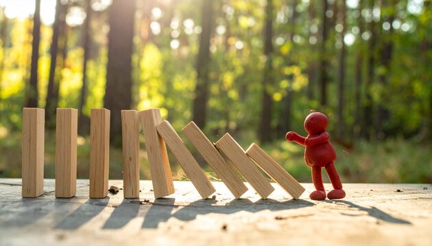 "Depict a small red figurine smiling beside toppling domino blocks on a wooden surface outdoors, symbolizing cause, effect, and playful chain reactions under sunlight."