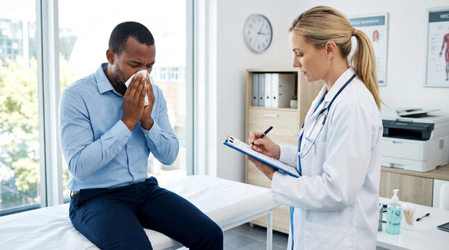 African American man blowing nose at doctor appointment in office
