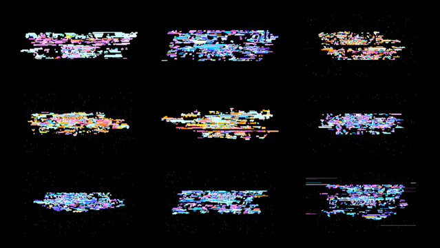 Glitch digital noise background with pixel art distortion and RGB scanline fragments on black. This technology gaming set delivers high contrast cyberpunk style for UI overlays and motion graphics.