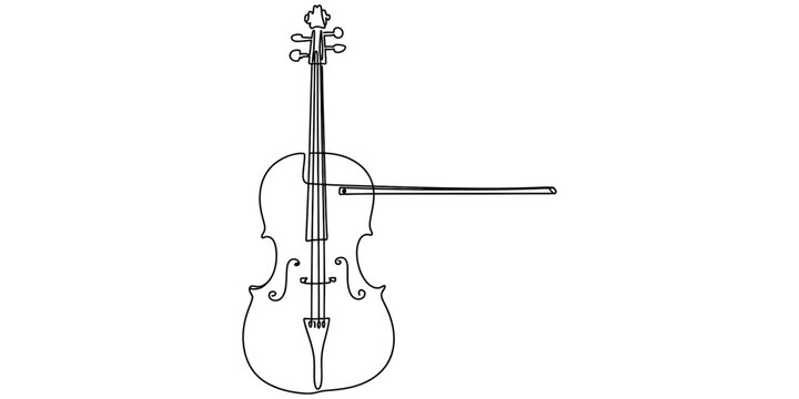 A simple black and white line drawing of a classic cello instrument with a bow placed on strings