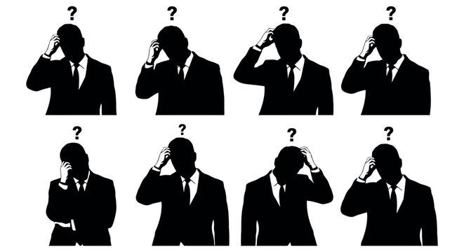 Silhouettes of businessmen with question marks thinking confused