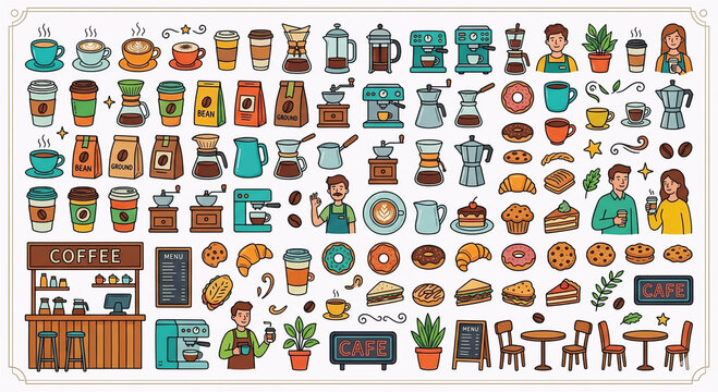 Hand-drawn coffee shop and cafe doodle icon set. Vector illustration of barista, espresso machine, pastry, and beans clip art.