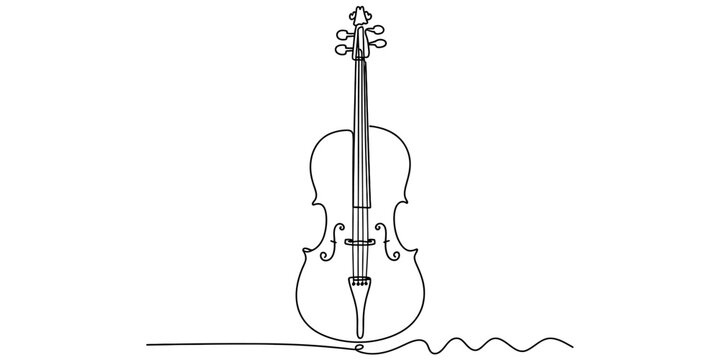 Minimalist continuous line drawing art of a classical cello instrument on a clean white background