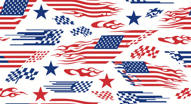 American Flag Racing Pattern Vector Illustration with Checkered Flags and Fire Flames for Motorsports and Automotive Sports Branding Design