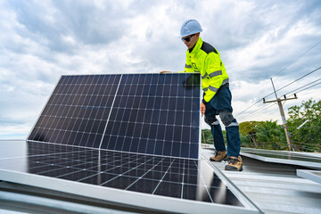 Fototapeta premium A skilled technician adjusts a solar panel on rooftop, emphasizing the transition to sustainable energy. Equipped with safety gear, the worker demonstrates precision in renewable energy installations.