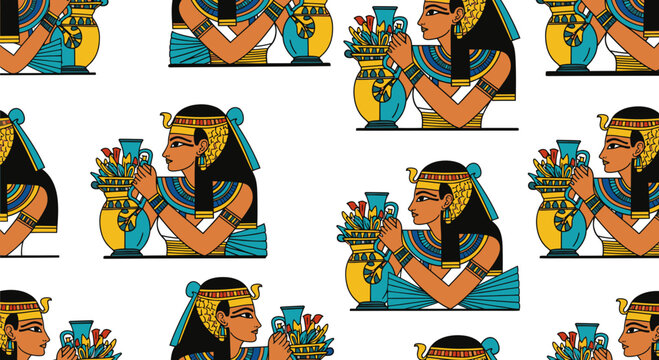 Ancient Egyptian Queen Seamless Pattern Vector Illustration featuring Cleopatra with Golden Ornaments and Floral Vases for Historical Textile Design