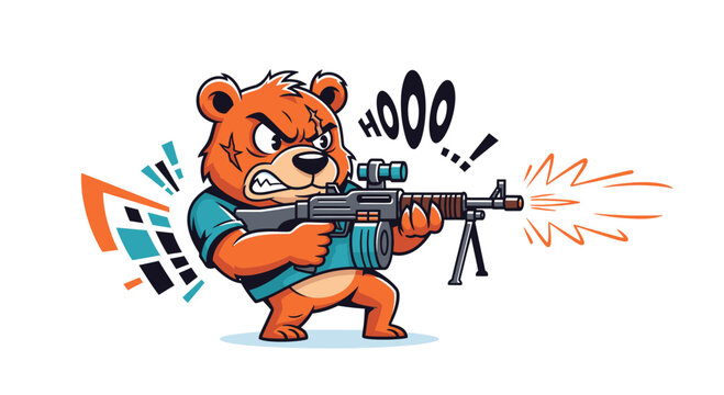 Angry Bear Soldier Shooting Machine Gun Vector Illustration, Aggressive Cartoon Character with Tactical Weapon for Gaming Mascot or Military Action Design Concept