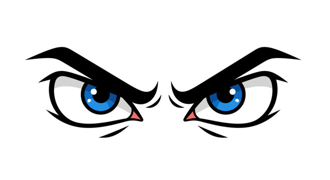 Angry Cartoon Eyes Vector Illustration, Fierce Blue Eyeballs with Sharp Eyebrows for Character Design and Expressive Mascot Graphics on White Background