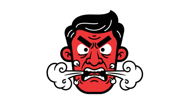 Angry Man Face Exhaling Steam Vector Illustration, Expressive Cartoon Character Head Showing Intense Rage and Frustration for Emotional Design Projects