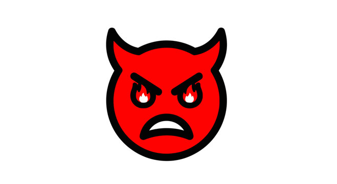 Angry Red Devil Face Icon Vector Illustration, Stylized Cartoon Demon Character with Fiery Eyes for Gaming Avatars, Social Media Emoticons and Graphic Design Projects