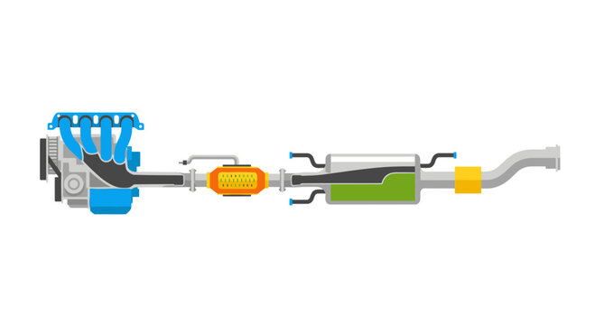Automotive Exhaust System Vector Illustration, Internal Combustion Engine Components and Catalytic Converter Diagram for Vehicle Maintenance and Engineering Design