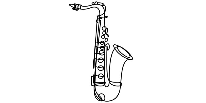 A detailed minimalist line art drawing of a classic musical saxophone on a plain white background