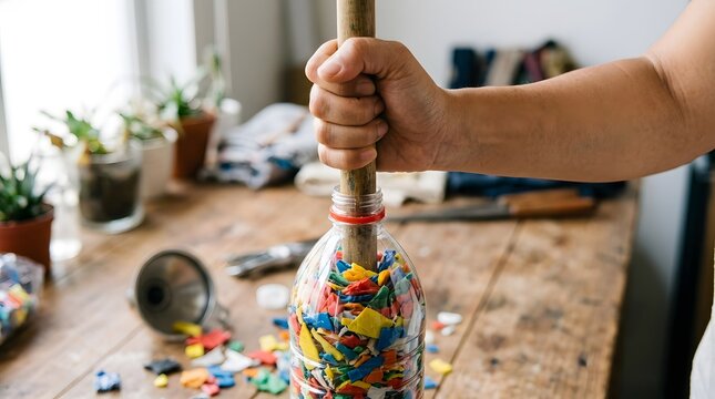 Person Stuffing Plastic Waste into Bottle to Make Ecobrick for Sustainable Building and Recycling