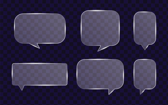 Modern glassmorphism speech bubbles with glowing edges and glossy texture, translucent frosted glass chat icons for mobile application dark interface