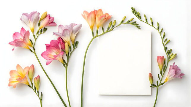 Spring freesia flowers with blank card on white background, floral frame mockup, greeting card design, wedding invitation template, feminine branding, stationery mockup, copy space
