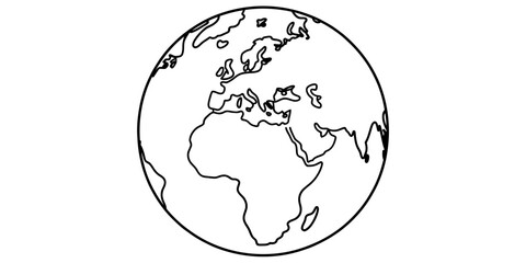 Obraz premium A simple black and white line drawing of the earth showing the continents of africa and europe.