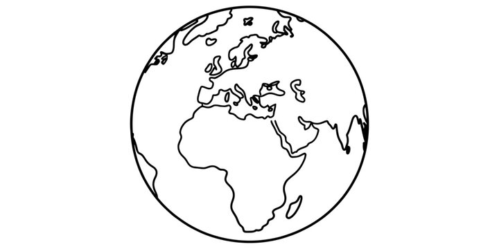 A simple black and white line drawing of the earth showing the continents of africa and europe.