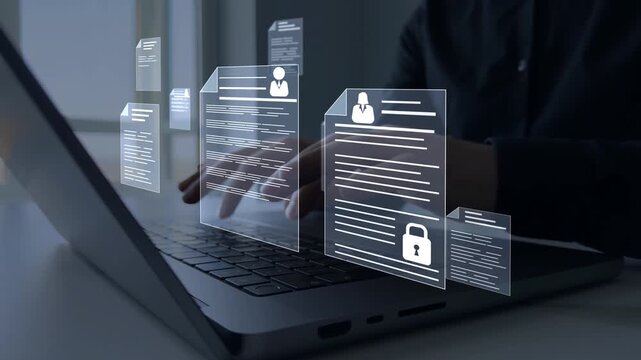 Documents confidentiality,cyber security protection concept. Protecting herself from cyber attacks. Software for security, searching and managing corporate document and employee information.