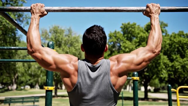 A muscular man demonstrates impressive upper body strength while performing pull-ups on an outdoor bar in a park.