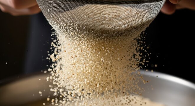 Hands sift dry ingredients through a fine mesh strainer into a metal bowl.