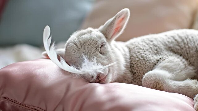 Cute baby lamb sleeping peacefully on a soft pink satin pillow wearing a knitted wool sweater indoors in a cozy home setting close up view