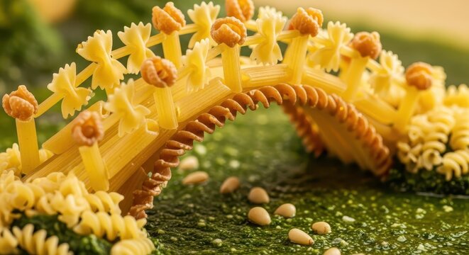Miniature arched bridge constructed entirely from various shapes of uncooked pasta stands over a spread of green herb sauce.