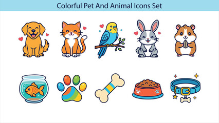 Fototapeta premium Colorful pet and animal icons set with dog, cat, bird, and other cute pets on white background