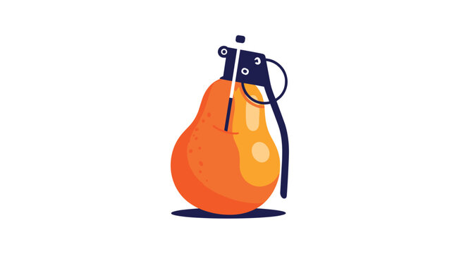Creative conceptual illustration of a pear fruit designed to look like a hand grenade with a metal pin and lever on top for explosive impact.