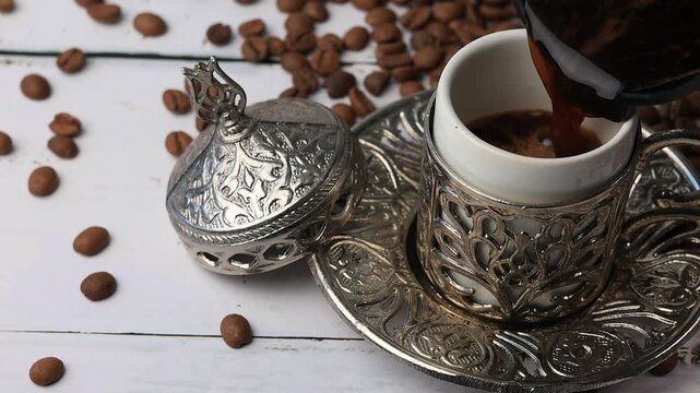 t&uuml;rk kahvesi cup of turkish coffee and beans