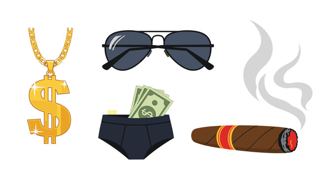 Set of wealth related icons including a gold dollar sign necklace, aviator sunglasses, cash in underwear and a smoking cigar.