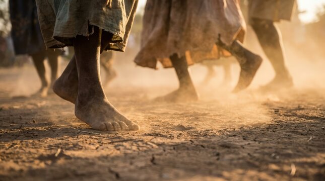 Group of dancing barefoot on dusty ground during sunset, with dust particles illuminated in the warm light of the evening